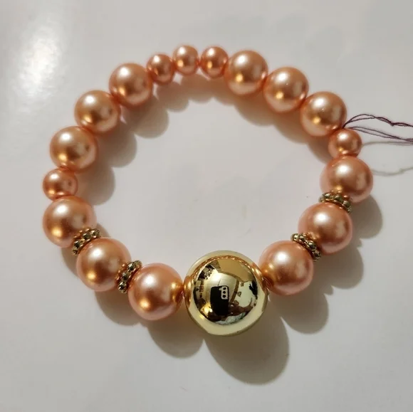 Hand Crafted Pearl Stretch Bracelet Peach and Gold Beaded - Picture 1 of 6